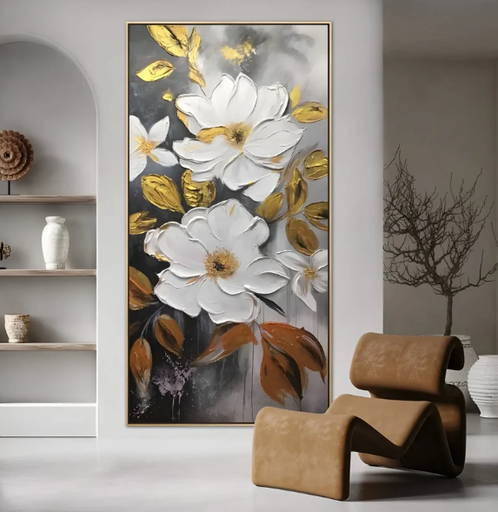 [16111] CUADRO LIENZO 2 FLORES BLANCAS HOJAS DORADAS 60X120CM