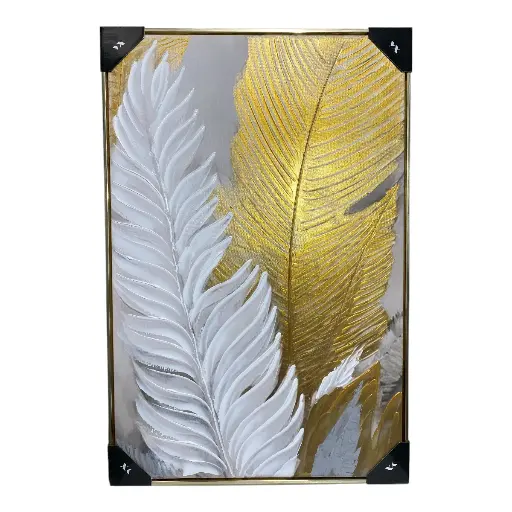 [16122] CUADRO AL OLEO  PLUMAS DORADO/BLANCO C/MARCO FILO DORADO 60X90CM 
