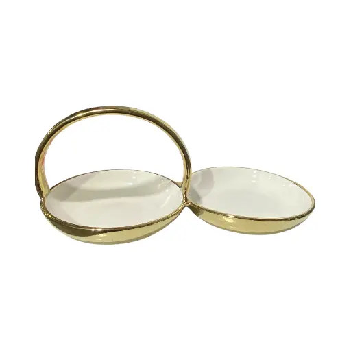 [6920251250167] BANDEJA CENTRO MESA PORCELANA DORADA/BLANCO 31X15X12CM