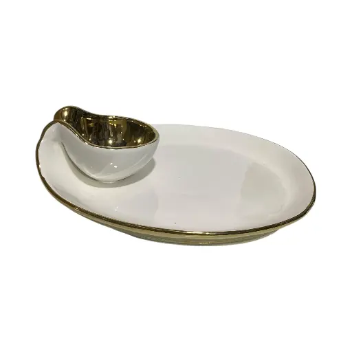 [CS25015] BANDEJA PORTA BOCADITOS BLANCA/DORADA 31X26X9CM