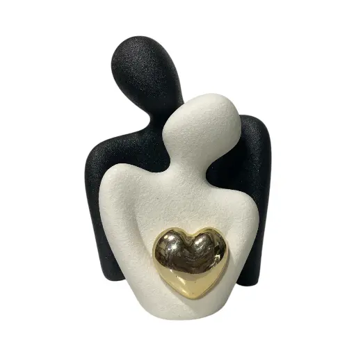 [FH25061] PAREJA BLANCO/NEGRO CORAZON DORADO CERAMICA 2PZ. 9X7X12CM