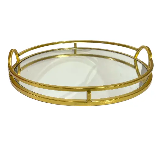 [23659G] BANDEJA DORADA METALICA CON BASE DE ESPEJO 38CM DIAMETRO Y 6.5 ALTO.
