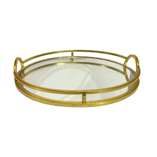 [23659M] BANDEJA DORADA METALICA CON BASE DE ESPEJO 33CM DIAMETRO Y 5.5CM ALTO. 