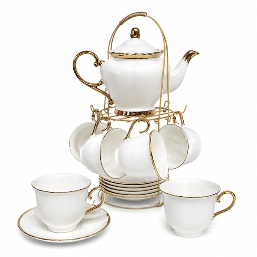 [CS26779] Juego de tazas con plato y tetera filo dorado de porcelana, inc. soporte de hierro, 13pzs