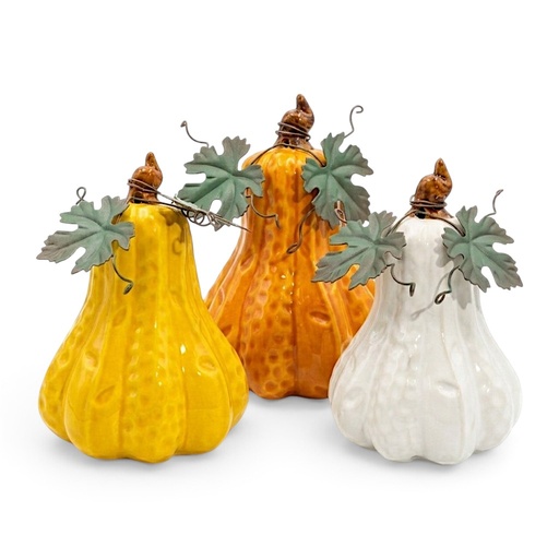 [25079-132] Calabaza de cerámica con hojas de hierro, 10x14cm
