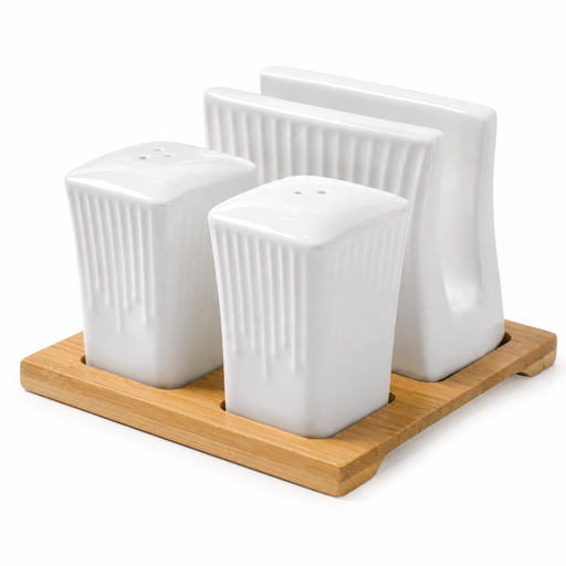 [CS27209] Set de salero/pimentero, servilletero de porcelana, base de bambú. 13X12X8CM