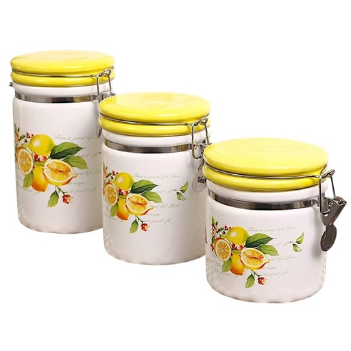 [CS27339] SET DE 3 FRASCOS DE CERAMICA CON DISEÑO DE LIMON 11X17.5CM, 11X14.5CM, 11X12CM