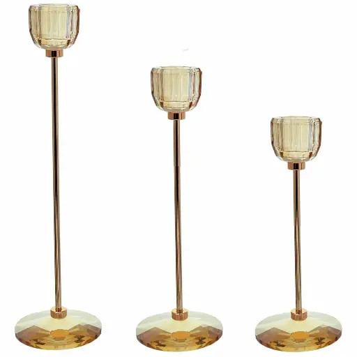 [338531] CANDELABRO METAL/VIDRIO DORADO X3PZ. REF:ES29260 8X19CM/24CM/29CM
