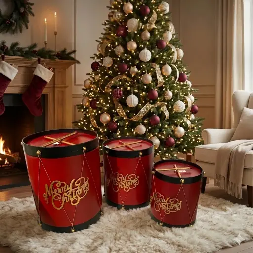 [8680818735534] Tambor Metálico Navideño Setx3pcs. Rojo vino 39x47cm, 32x38cm, 27x30cm