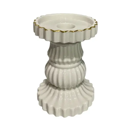 [8679813520597] Candelabro de Ceramica Blanco filos dorado, 9x13cm