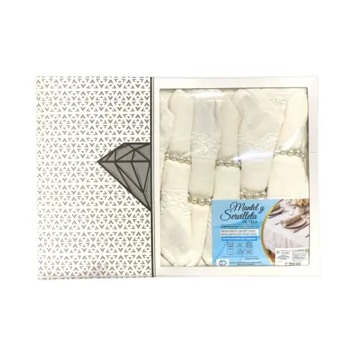 [2603131538169] Mantel de Tela Beige Bordado con 12 Servilletas y aros. 300cmx150cm y servilleta 35x35cm