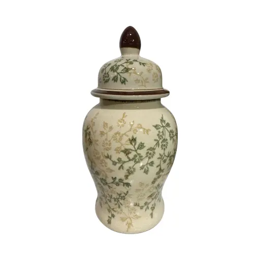 [8679813524465] Jarrón Tibor de Cerámica Beige/Verde Musgo. Ø16cm x 32cm 