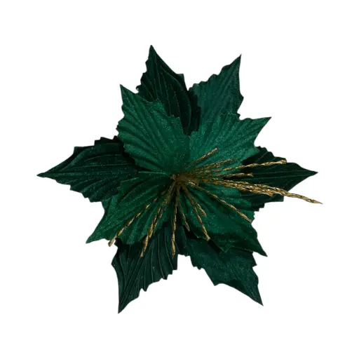 [819421] Flor Navideña Ponsetia Verde Terciopelo con mechas doradas, Ref:ES29952. (Ø28cm x 37cm)