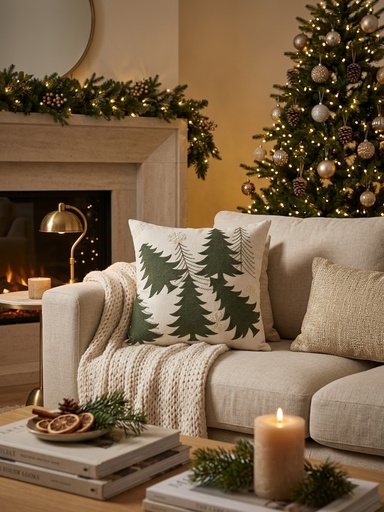 [401683] Cojin Navideño beige c/pinos verdes Ref:153523 45x45cm