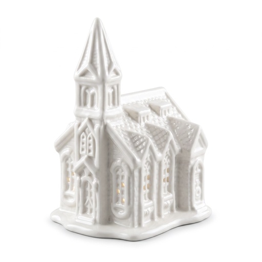 [308837] Iglesia navideña blanca de cerámica con luz led, 10x9.8x14.2cm. Ref:LP005