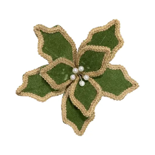 [889947] Flor Navideña Terciopelo Verde Musgo, Filos Yute. Ø28cmx28cm. Ref:ES30406