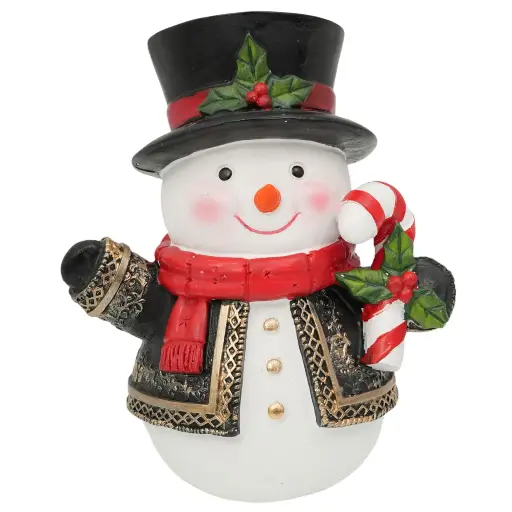 [456123] Hombre de Nieve traje negro/dorado con sombrero, poliresina. Ref:TG762856A Ø13x17cm
