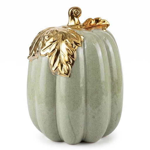 [M794903] Calabaza de cerámica, tono verde grisáceo con hojas doradas. 19x26cm