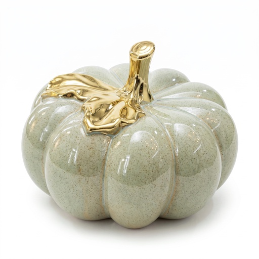 [M794902] Calabaza de cerámica, tono verde grisáceo con hojas doradas. 15x21cm