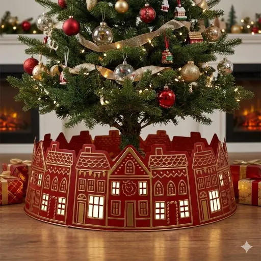 [412302] Pie de árbol corona de casas, rojo/dorado, metálico.  Ref:ES29254. 66x25cm, Ø66cm